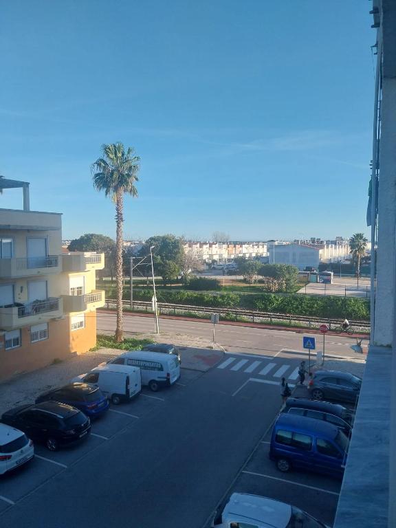 a parking lot with cars and a palm tree at Siroco Nau Algarve in Olhão