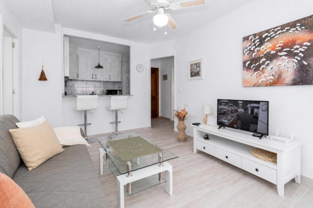 a living room with a couch and a tv at Harmonia in Punta Prima