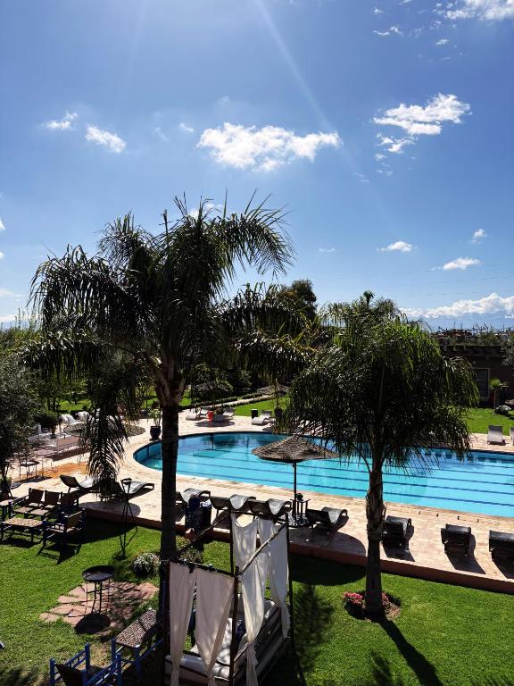 a view of a pool with palm trees and chairs at Palais Riad Berbère in Marrakesh