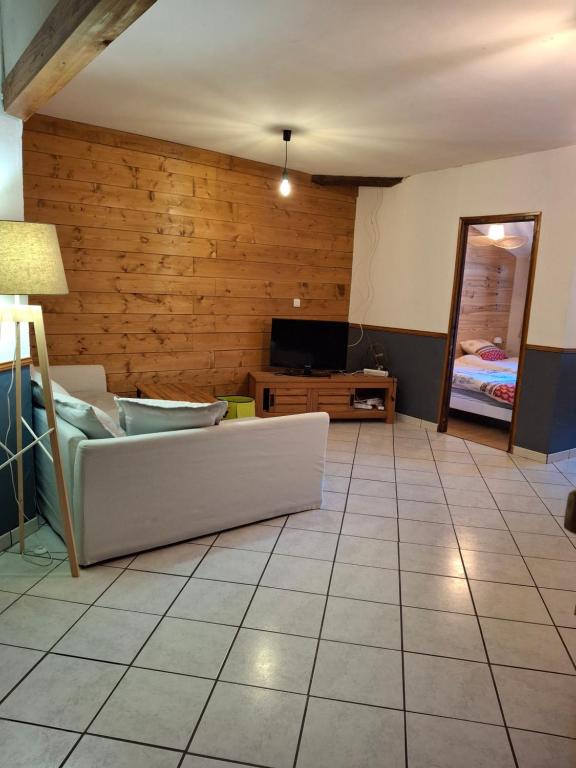 a living room with a couch and a television at le sans soucis in Bellevaux