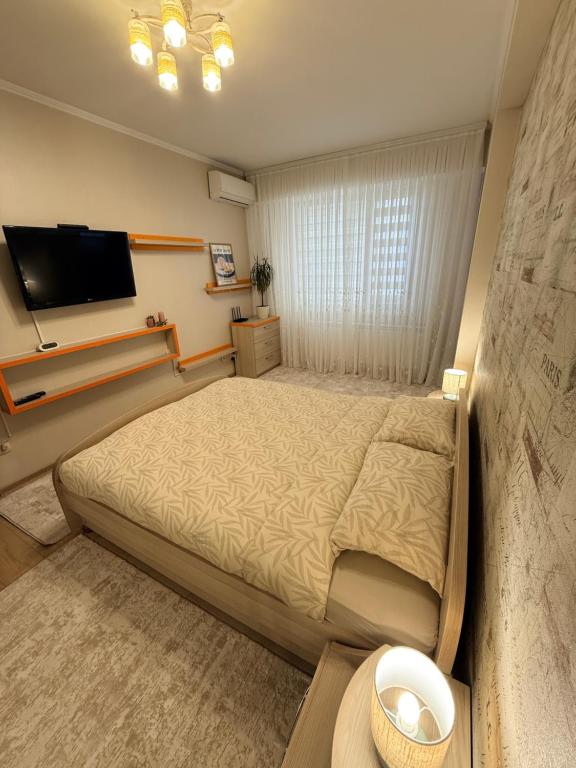 a bedroom with a bed and a flat screen tv at New House Strișca in Chişinău