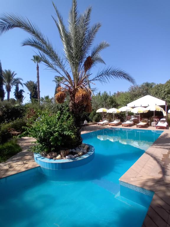 a pool with palm trees and umbrellas at a resort at Le havre de paix in Marrakesh