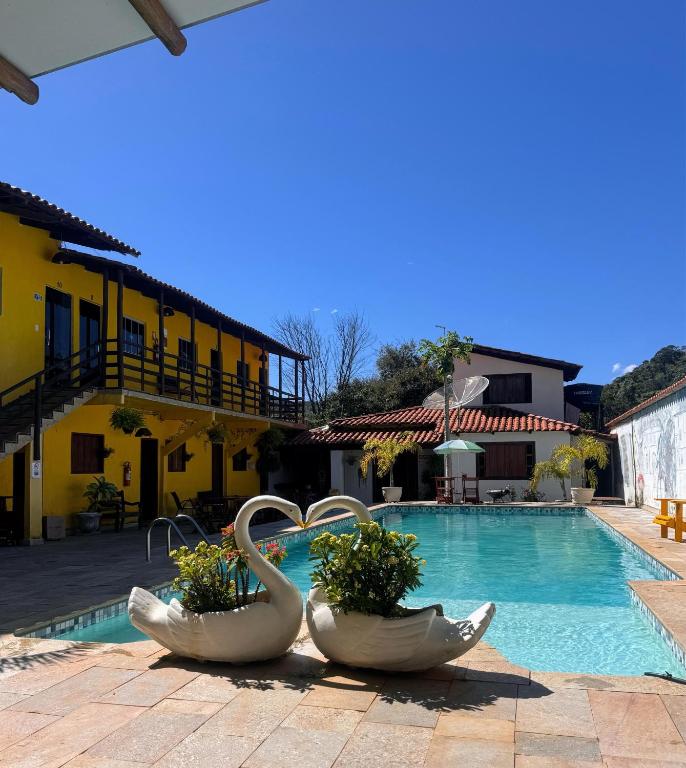 a swimming pool with swans in the middle of it at Pousada Sunflower in Pirenópolis