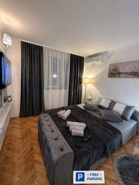 a large bedroom with a large bed and a couch at Apartment PEACE in Trebinje