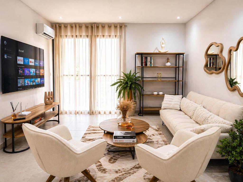 a living room with a couch and chairs and a table at Dakar Roi - Point E - Modern Studio - Central Location in Dakar