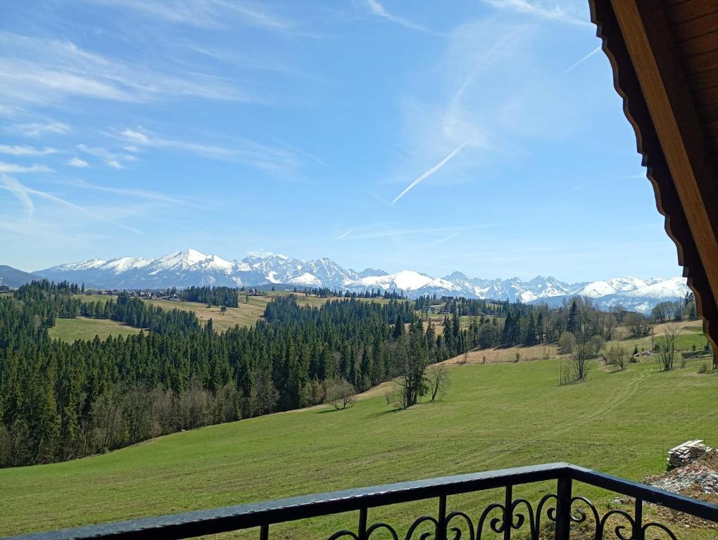 a view of a green field and snow covered mountains at Pokoje u Jozka-Widok na Tatry in Groń