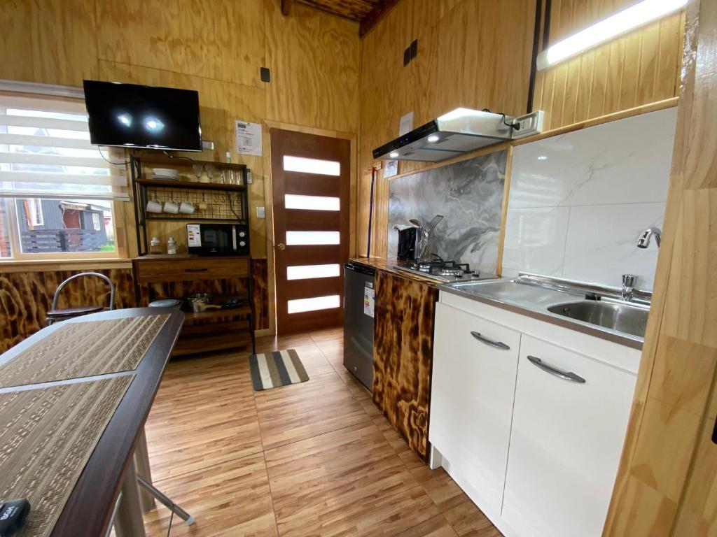 a kitchen with a sink and a counter top at Departamentos Eldestino in Puerto Puyuhuapi