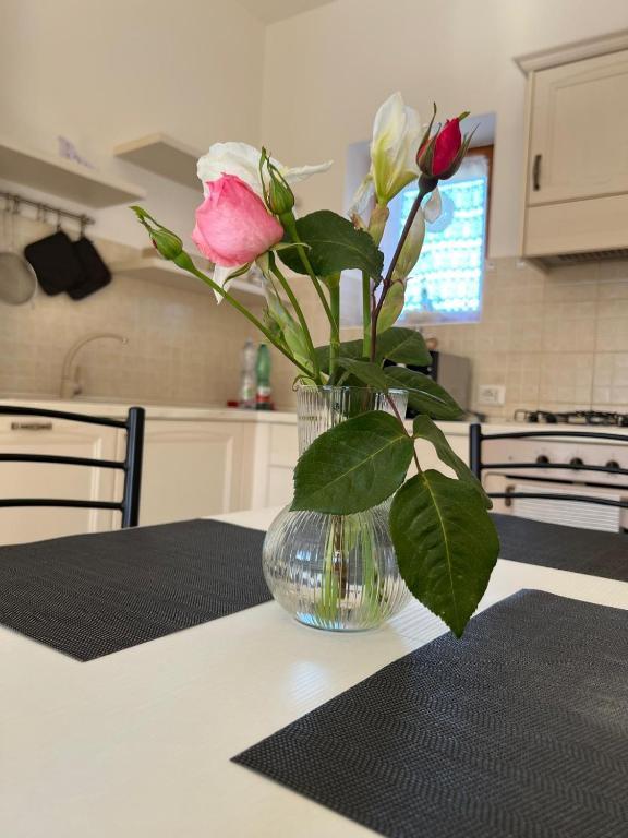a vase of roses sitting on a table in a kitchen at Casa di Nonna Angela in Guadamello