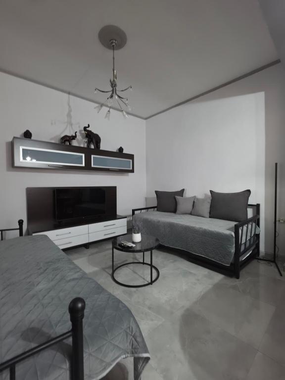 a living room with a couch and a tv at Rosemary Guesthouse in Kavála