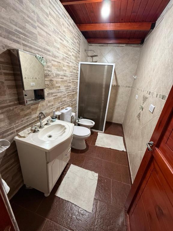 a bathroom with a sink and a toilet and a shower at Esquina Hostel in Esquina