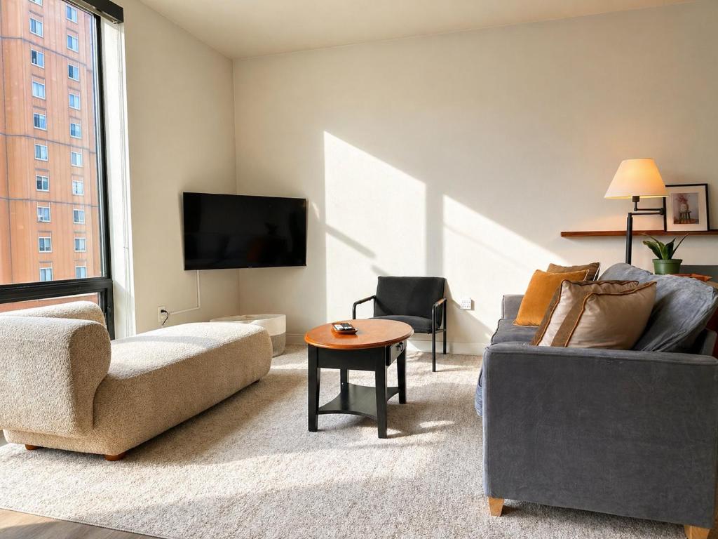 a living room with a couch and a table at East Side Luxury 1BR Apt - Near Brady St with Balcony and Lounge - Sleeps 4 in Milwaukee