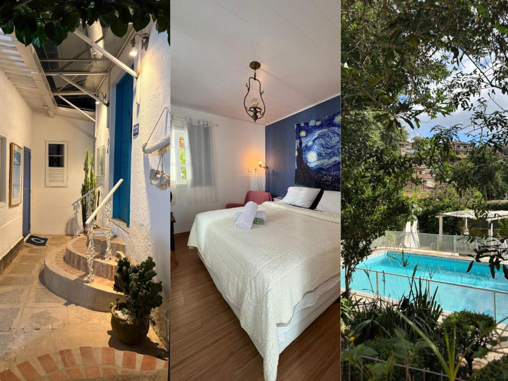 a hotel room with a bed and a swimming pool at Casa na "Villa Grega" pertinho do Parque Nacional, Feirinha do Alto e Granja Comary in Teresópolis