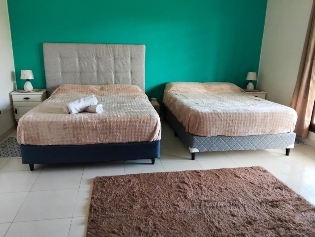 two beds in a room with green walls and two rugs at Suite Premium Perico Jujuy con Parking in Establecimiento La Candelaria