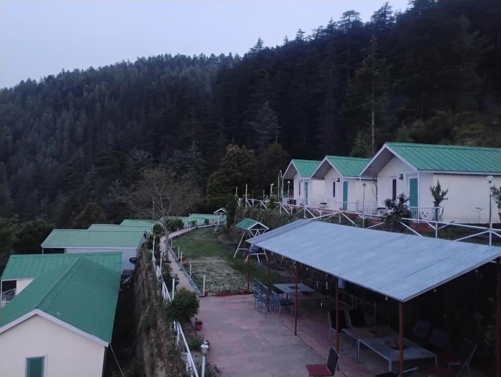 an overhead view of a row of houses with trees at Shivpur Greens in Mashobra