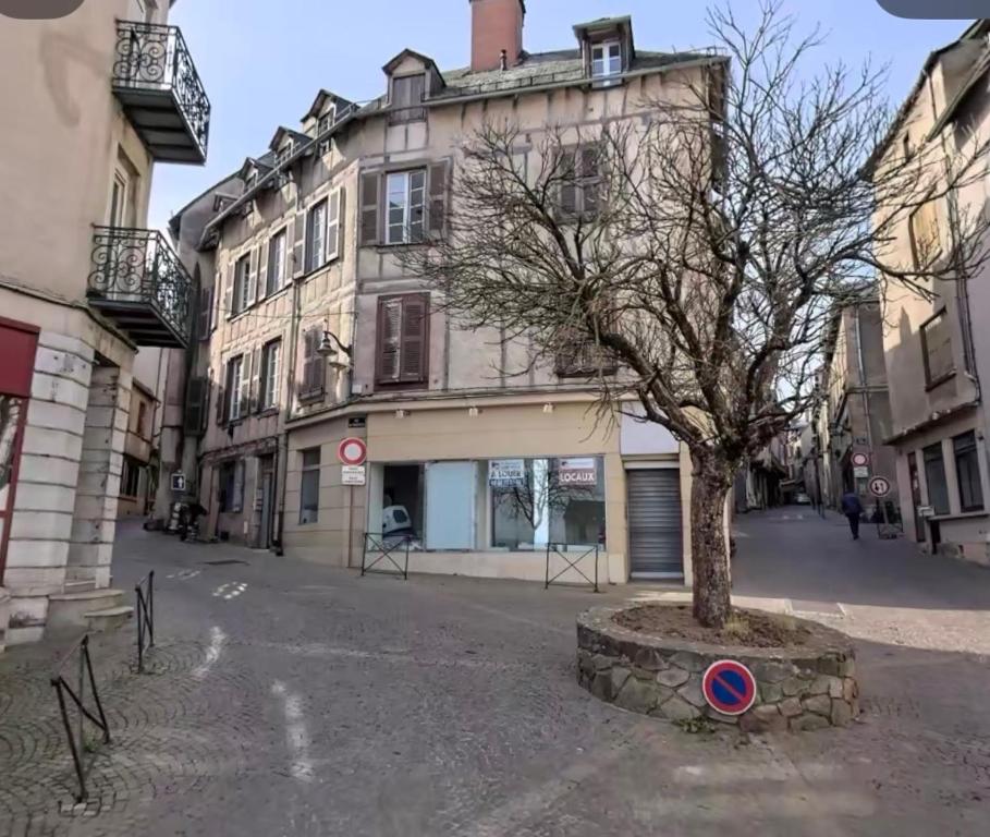 a tree in the middle of a street in front of a building at La Loge 45 in Rodez