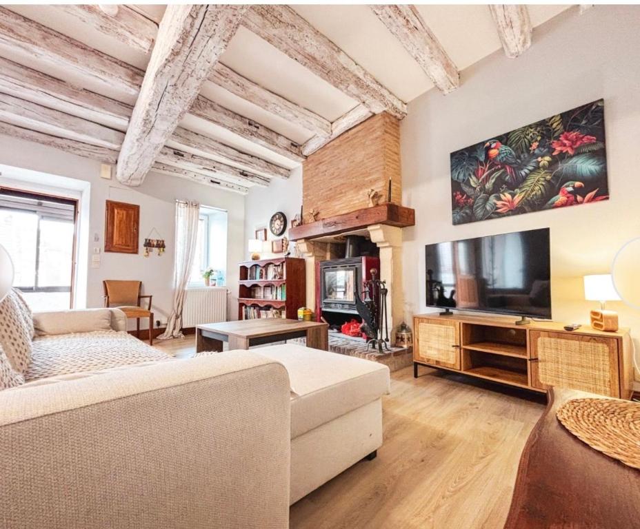 a living room with a couch and a flat screen tv at Gîte de l horloge in Déols