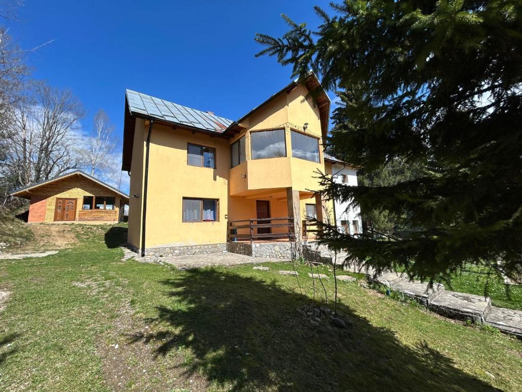 a large yellow house on top of a grass field at Casa Ionel si Dani in Fundata