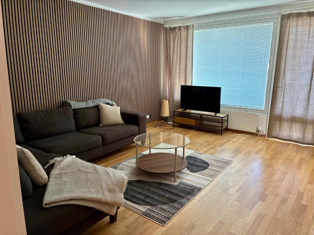 a living room with a couch and a television at Huoneisto Vipunen in Savonlinna