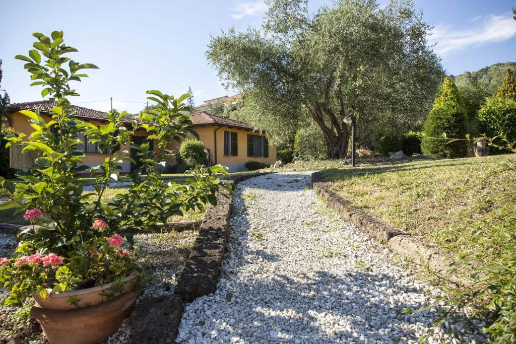 a garden with potted plants and a house at Appartamenti Residence Montebello, relax con giardino e piscina in Bolano