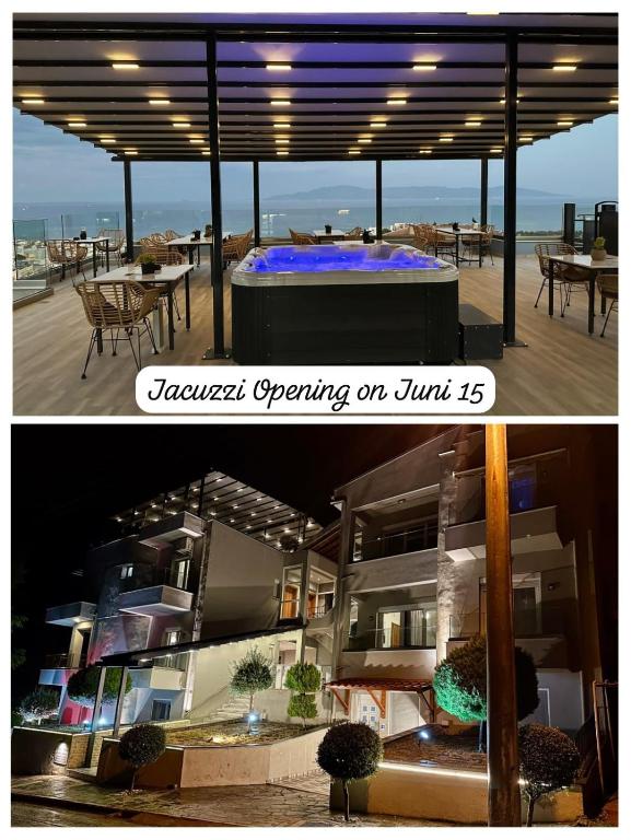 two pictures of a building with a hot tub and a house at Blue View Apartments in Kavála