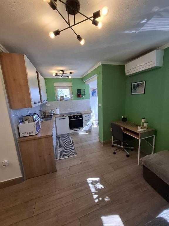 a kitchen with green walls and a table in a room at Apartman Roko in Gospić