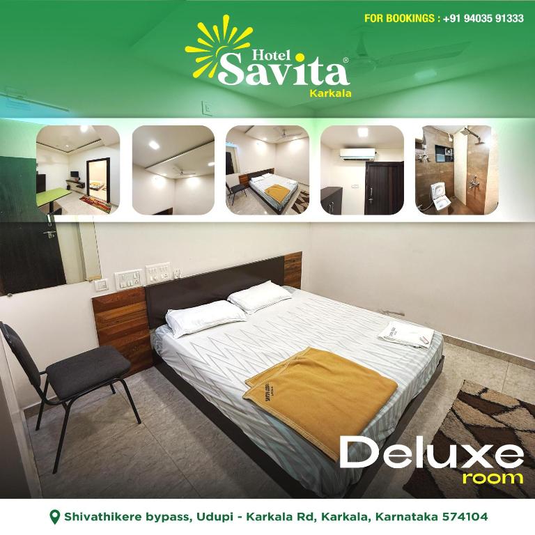 a poster of a bedroom with a bed and a chair at Hotel savita in Kārkāl
