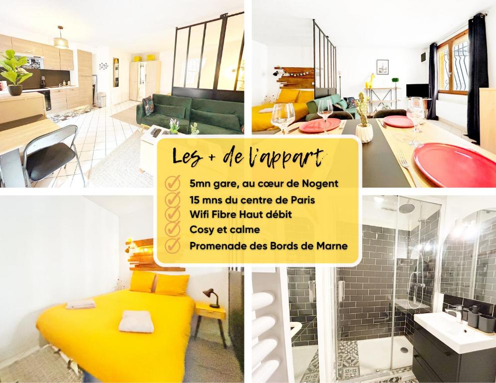 a collage of photos of a room with a sign at Studio calme, RER 5mn,Paris en 15mn,commerces 3mn in Nogent-sur-Marne