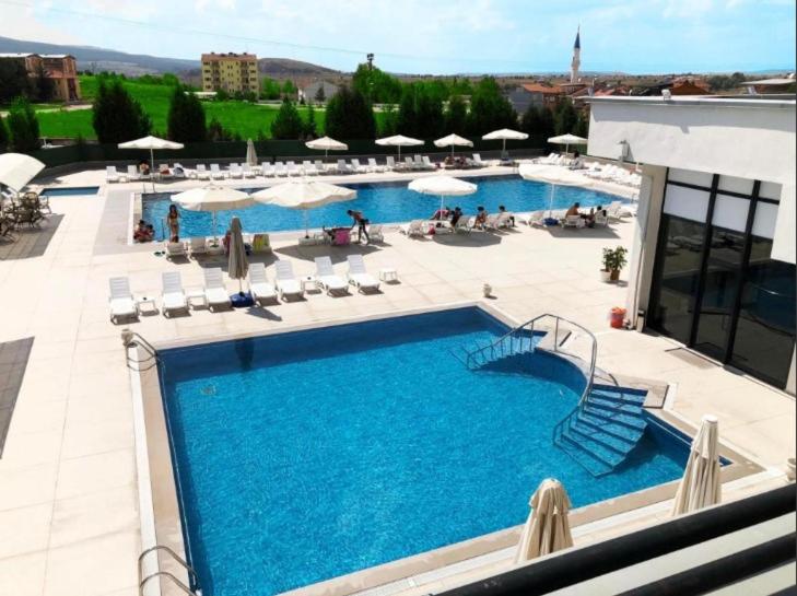 an overhead view of a pool with chairs and umbrellas at Yoncalı Termal Spa Otel in Ortaca