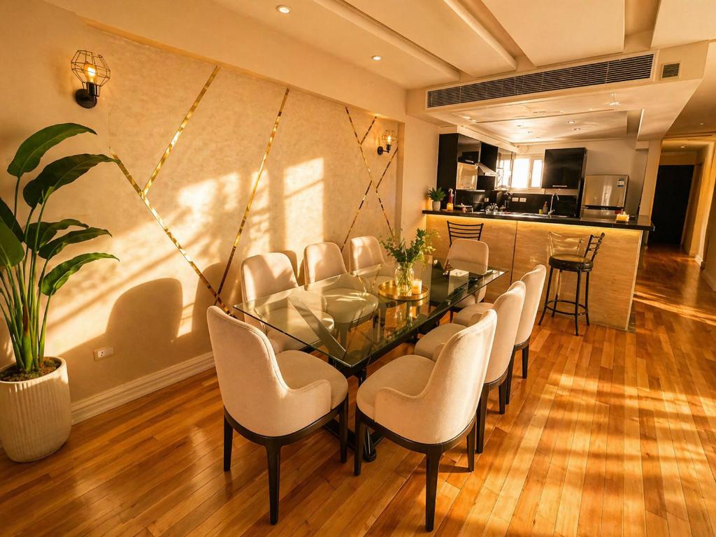 a dining room with a glass table and chairs at The Perfect in Alexandria