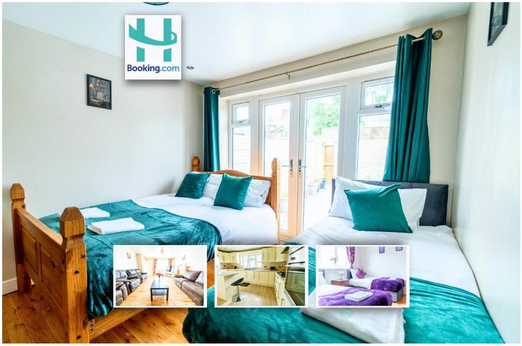 a collage of three pictures of a bedroom with two beds at Hyped Properties' Spacious 6BR Home Suited For Contractors & Relocators Near Centre With Free Parking in Wolverhampton