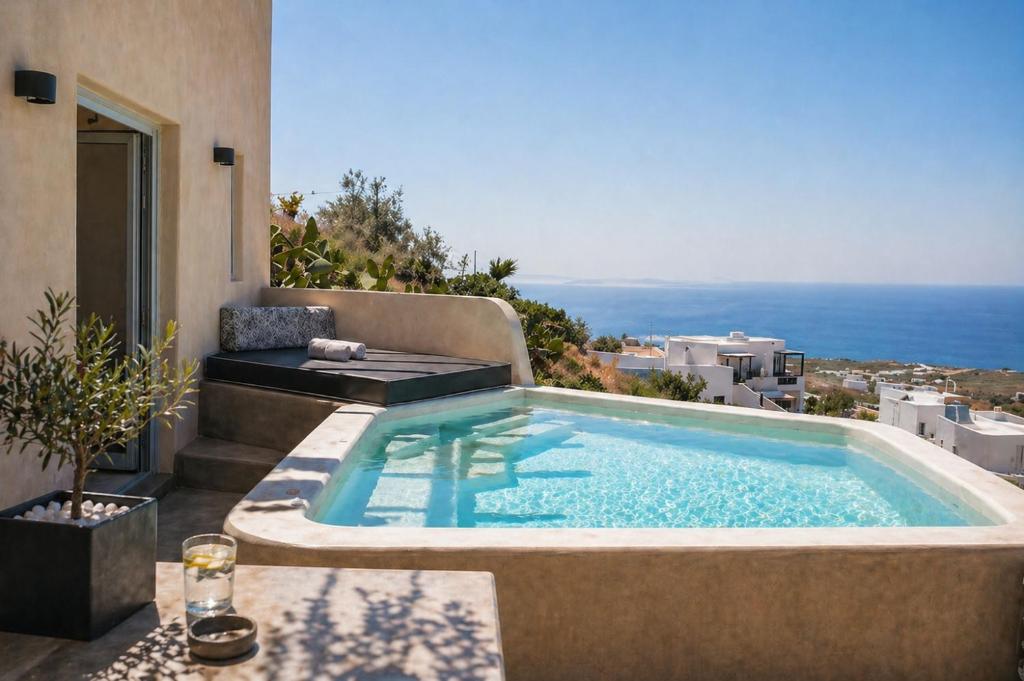 a swimming pool sitting on top of a house at Panthea Suite Santorini - Private pool in Vourvoúlos