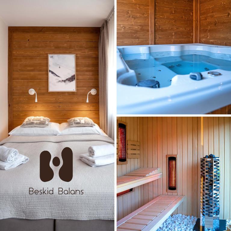 a room with a bed and a tub in a room at Beskid Balans & SPA in Krynica Zdrój