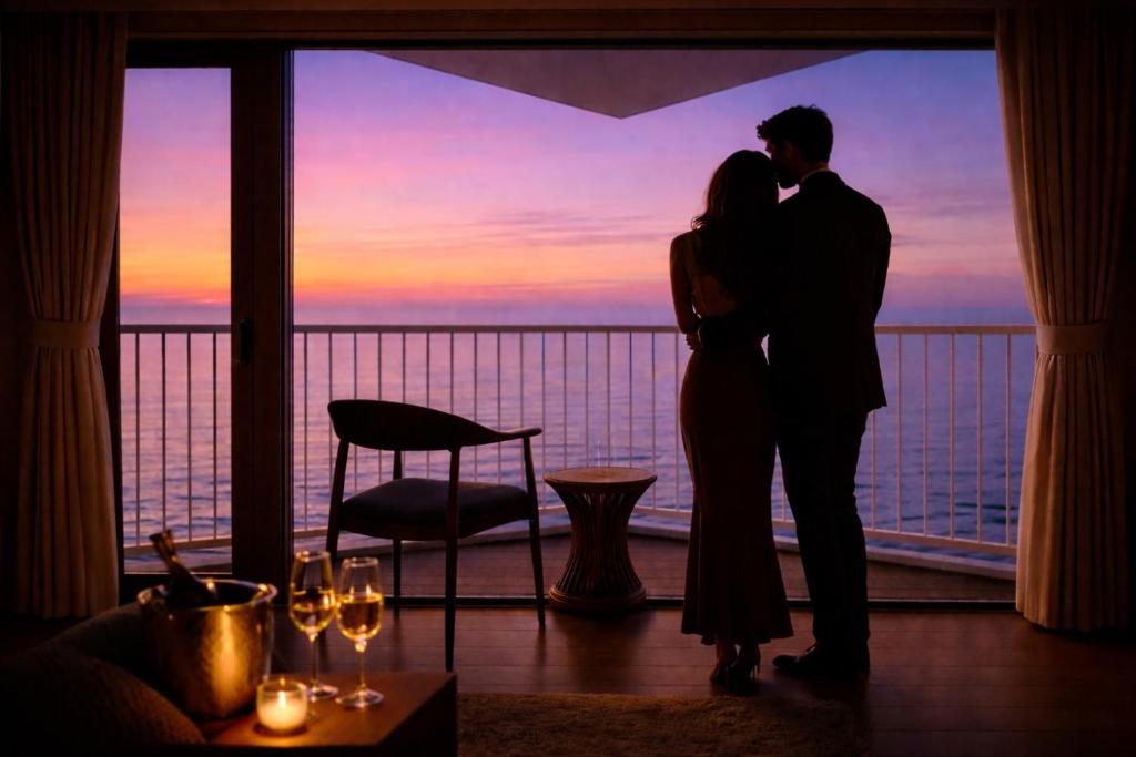 a man and a woman standing in front of a window at 館山 New WestPeninsula Hotel ニューウエストペニンシュラホテル in Tateyama