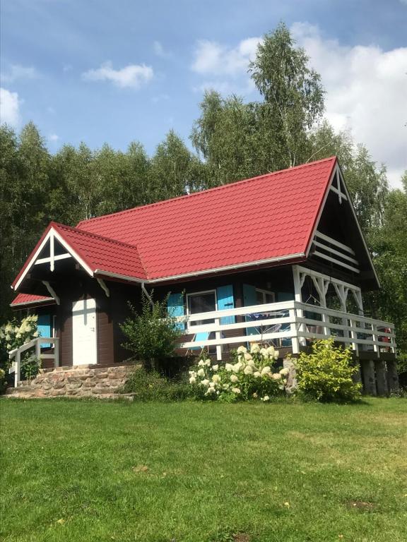 a house with a red roof on a green field at Dom wakacyjny nad jeziorem, Mazury in Samin