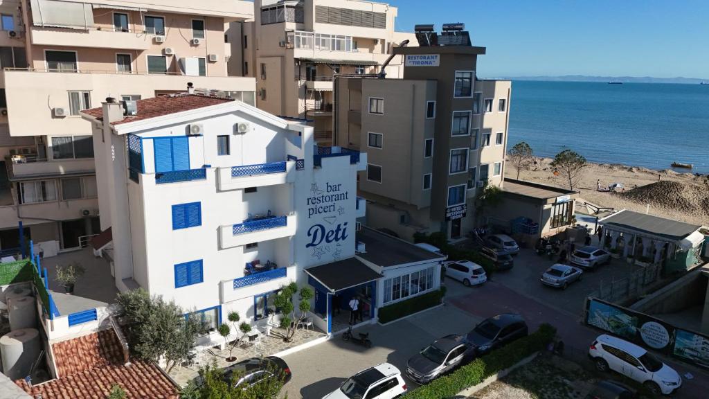 an aerial view of a hotel with the ocean at Hotel Deti in Durrës