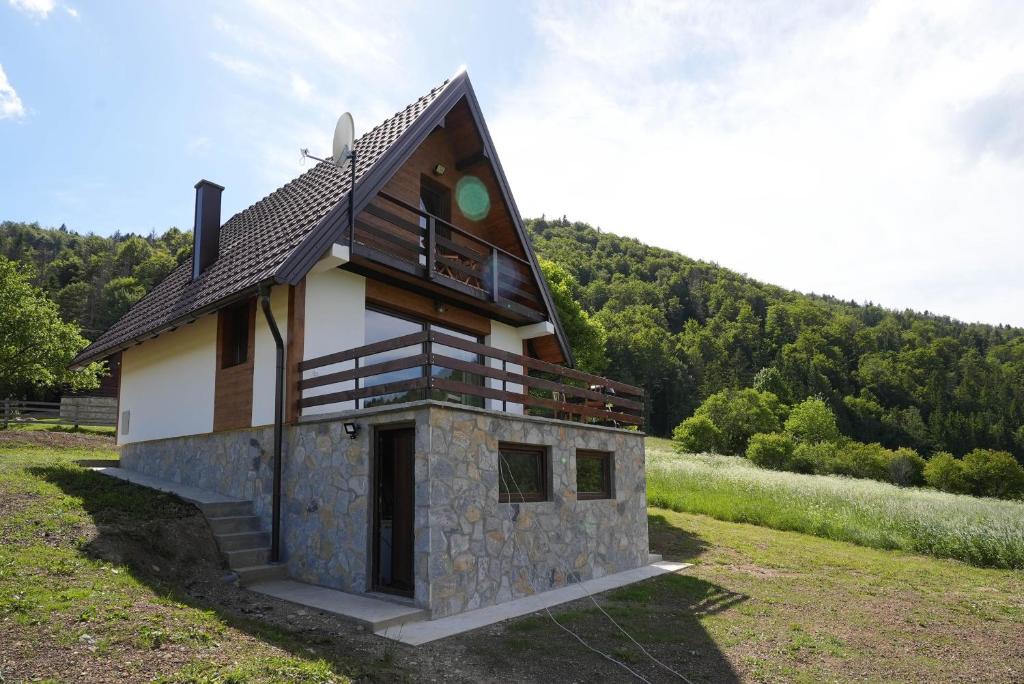 a house with a roof on top of a field at Josahouse in Bjeluša