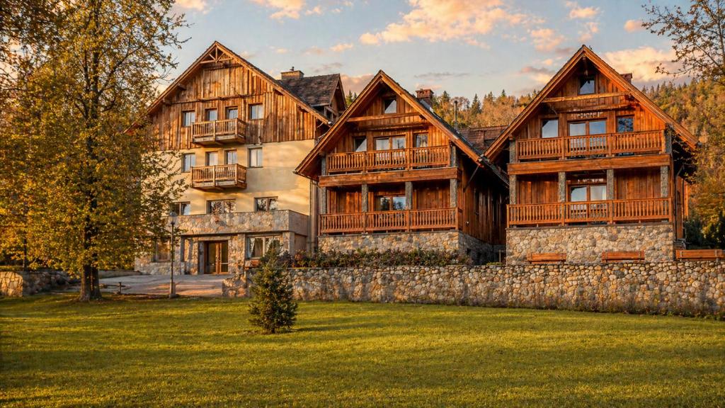 a large wooden house with a stone wall at Domki - Pod Smerkami in Szklarska Poręba