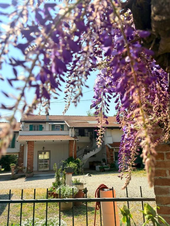 a house with purple flowers in front of a fence at Il Sogno di Tebà in Fubine