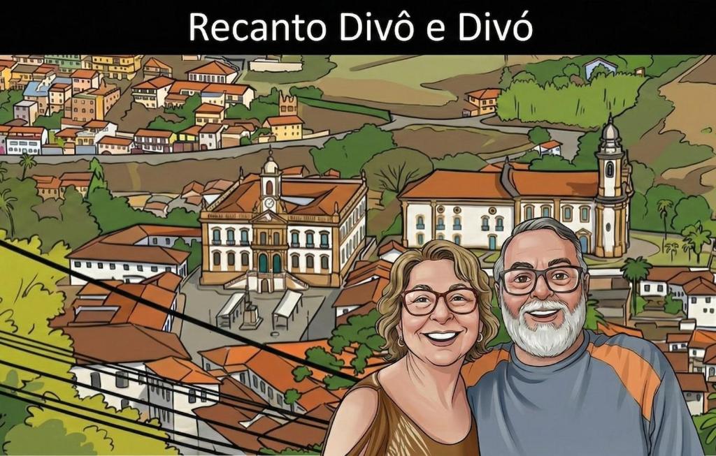 a drawing of a couple with a view of a city at Recanto Divô e Divó in Ouro Preto