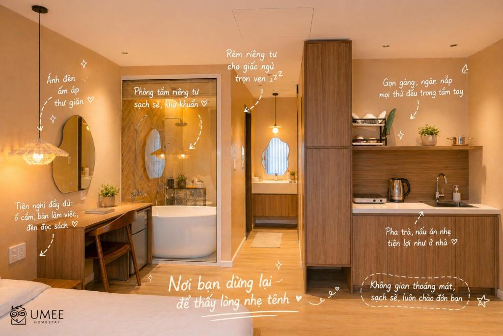 a bathroom with a tub and a sink with writing on the wall at UMEE Homestay in Thôn Trường Giang