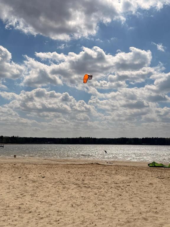 a kite flying in the sky over a beach at Domki nad Firlejem in Firlej