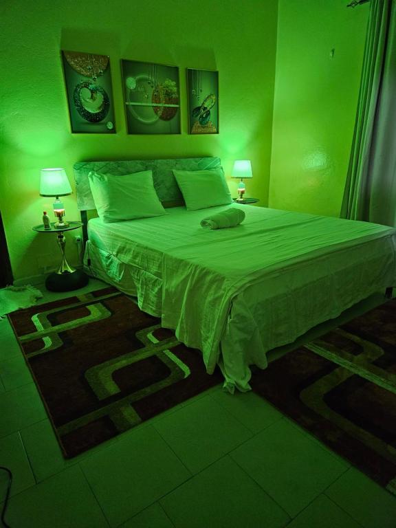 a green bedroom with a large bed with two lamps at Residence Ganou Mboro in Mboro