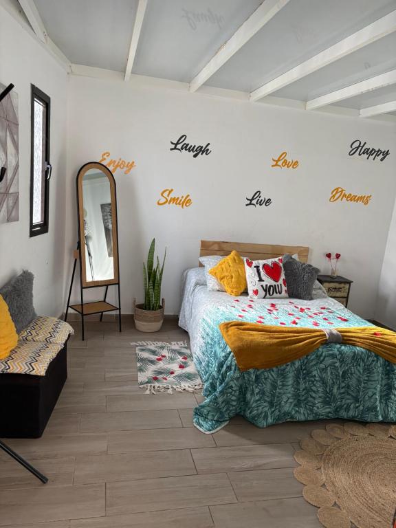 a bedroom with a bed and a mirror on the wall at Atico Dolce Natura in Arrecife
