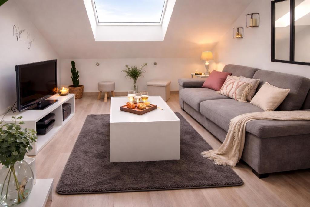 a living room with a couch and a tv at Charmant Loft climatisé 50 m de la gare in Chalon-sur-Saône