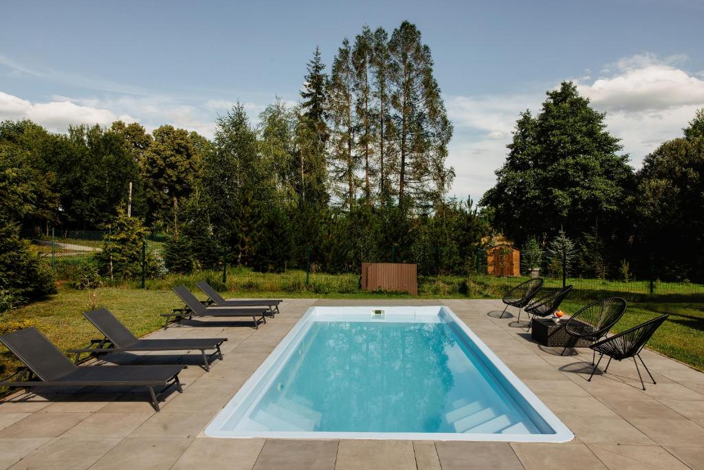 a swimming pool with chaise lounge chairs and a pool at Gospodarstwo Agroturystyczne z BASENEM & SPA i Alpakami in Ełk