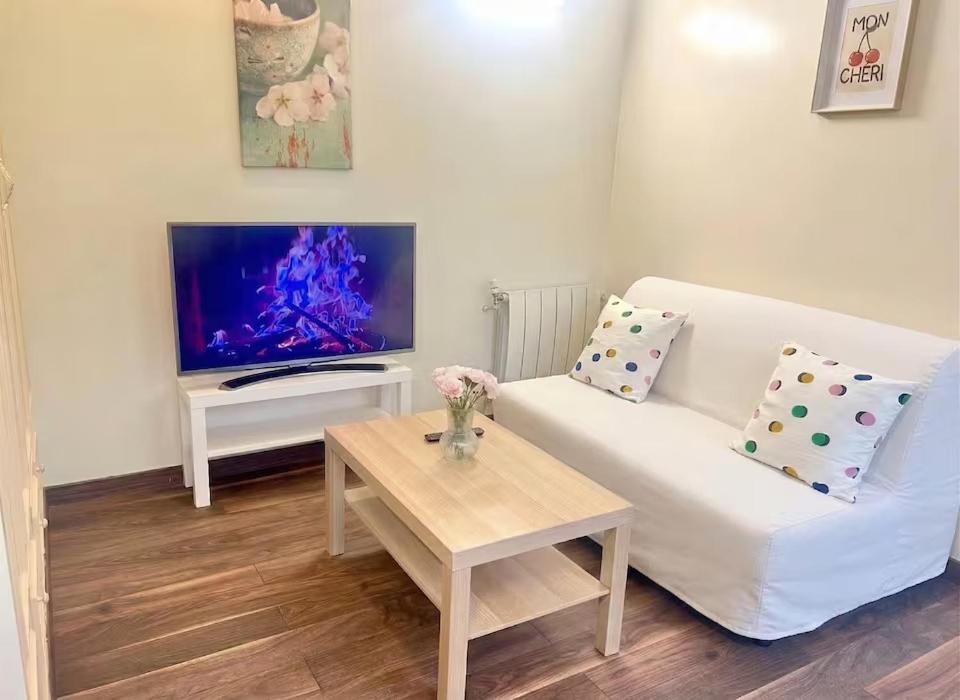 a living room with a white couch and a tv at Maison cozy 2p- Jardin - Paris à 5 min - Métro in Maisons-Alfort