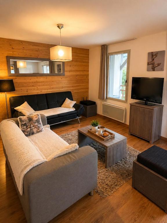 a living room with a couch and a tv at Résidence Clos St-Hilaire 88m2 - Terrasse 12m2 in Saint-Lary-Soulan