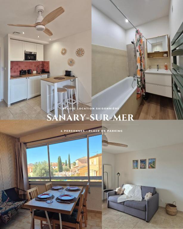 a kitchen and a living room with a table in a room at Cozy studio proche plages et gare in Sanary-sur-Mer
