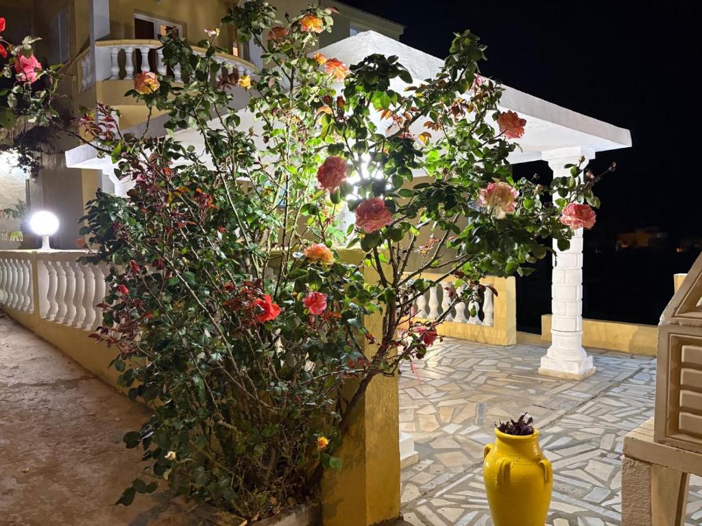 a bouquet of flowers in a yellow vase on a patio at Villa Belle-Vue in Tabarka