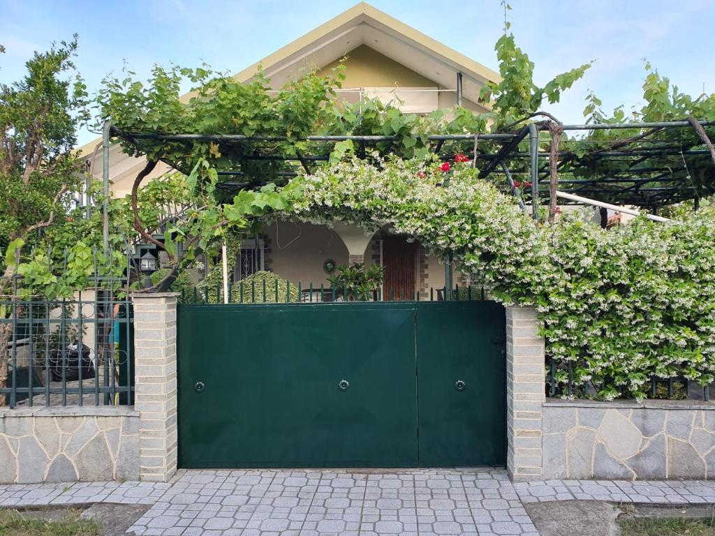 a green gate in front of a house at Galini Cosy Home in Asprovalta